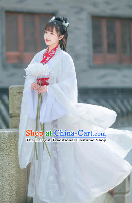 Chinese Jin Dynasty Imperial Concubine Embroidered White Hanfu Dress Traditional Ancient Court Historical Costume for Women