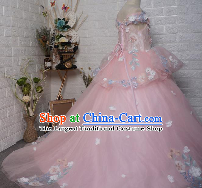 Top Grade Modern Fancywork Court Princess Pink Veil Dress Catwalks Compere Stage Show Dance Costume for Kids