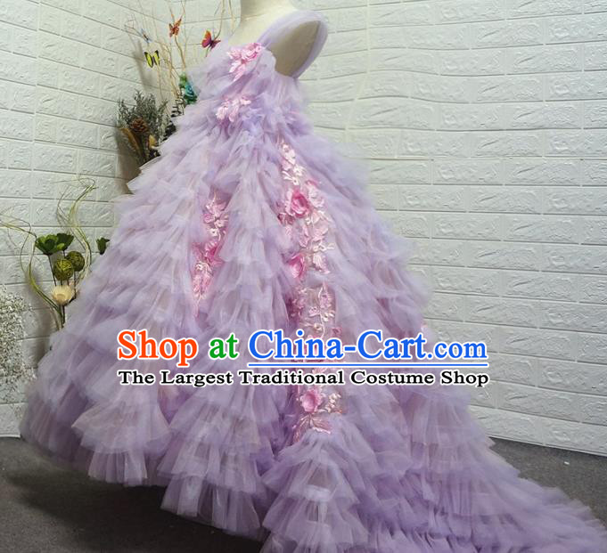 Top Grade Modern Fancywork Court Princess Purple Veil Trailing Dress Catwalks Compere Stage Show Dance Costume for Kids
