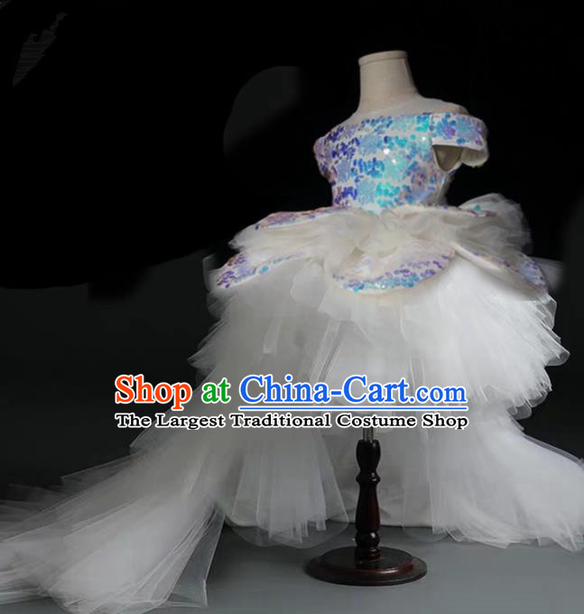 Top Grade Stage Show Costume Catwalks Princess White Veil Trailing Full Dress for Kids