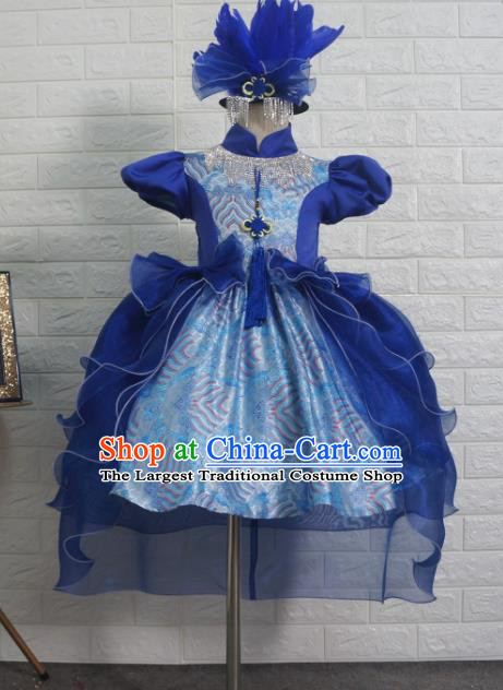 Top Grade Stage Show Costume Catwalks Princess Royalblue Full Dress for Kids