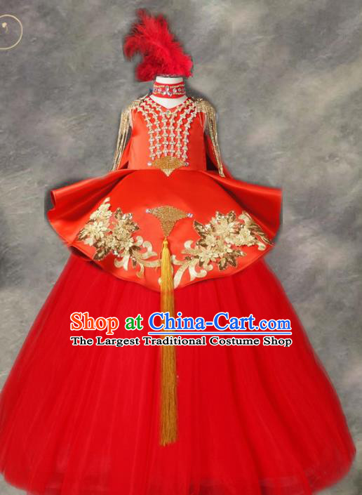 Top Grade Chinese Stage Performance Costume Catwalks Dance Embroidered Red Long Full Dress for Kids