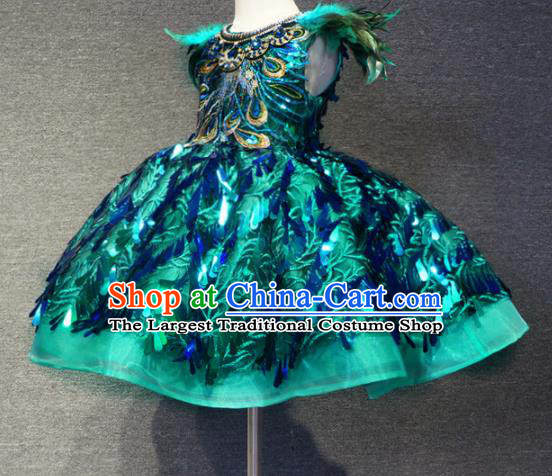 Top Grade Modern Fancywork Court Princess Peacock Feather Green Dress Catwalks Compere Stage Show Dance Costume for Kids
