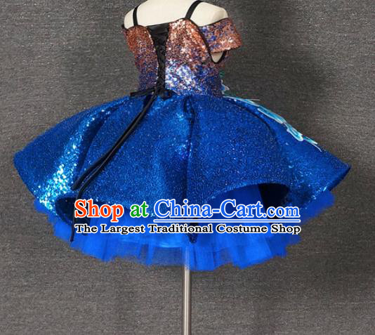 Top Grade Chinese Stage Performance Blue Bubble Full Dress Catwalks Dance Embroidered Costume for Kids