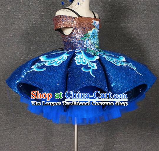 Top Grade Chinese Stage Performance Blue Bubble Full Dress Catwalks Dance Embroidered Costume for Kids