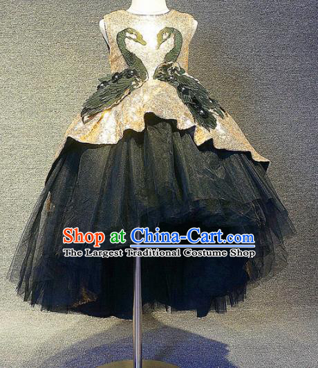 Top Grade Modern Fancywork Court Princess Black Veil Swan Dress Catwalks Compere Stage Show Dance Costume for Kids