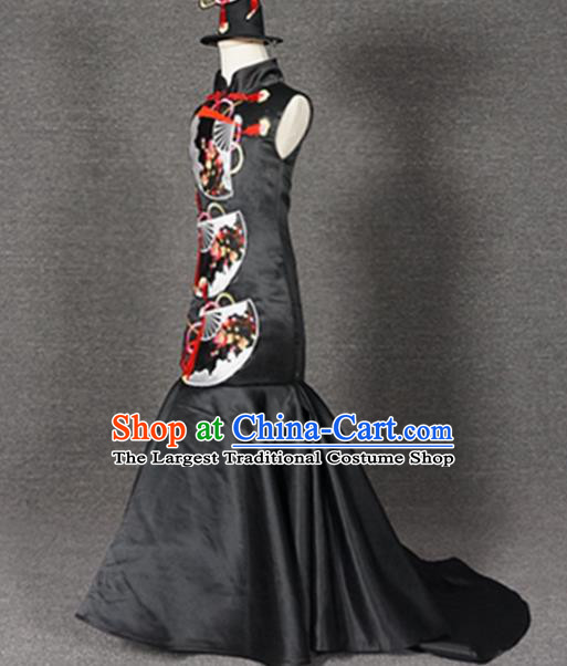 Top Grade Chinese Stage Performance Black Qipao Full Dress Catwalks Dance Embroidered Costume for Kids