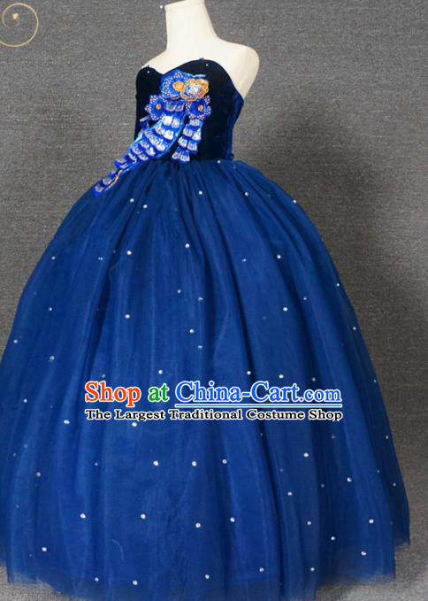 Top Grade Modern Fancywork Court Princess Navy Veil Dress Catwalks Compere Stage Show Dance Costume for Kids