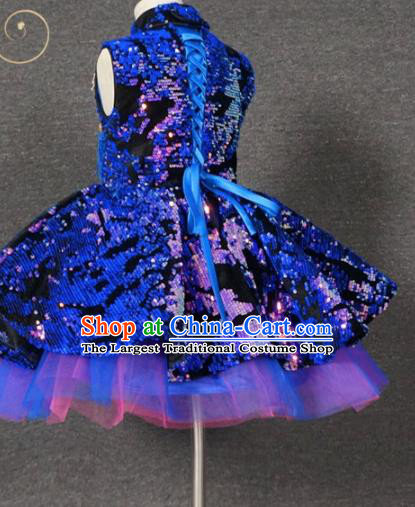 Top Grade Chinese Stage Performance Royalblue Paillette Full Dress Catwalks Dance Embroidered Costume for Kids