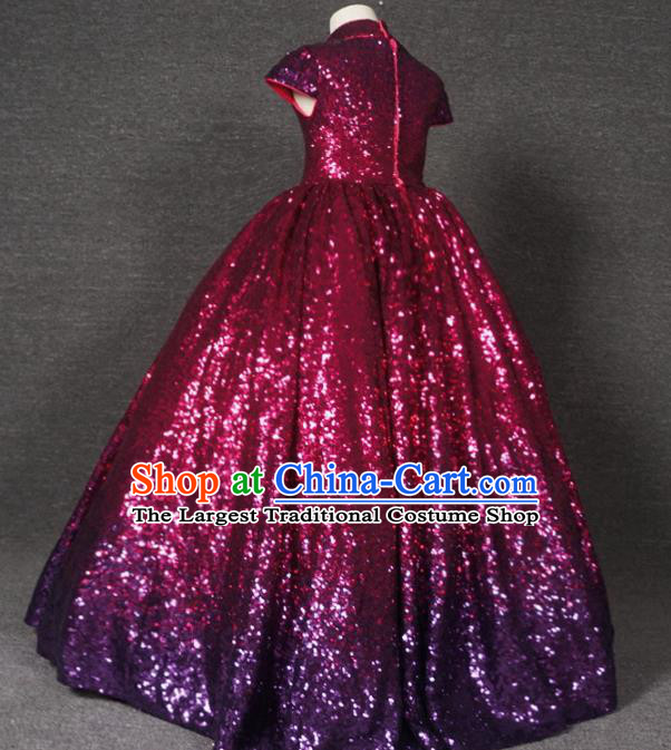 Top Grade Catwalks Court Princess Wine Red Dress Compere Modern Fancywork Stage Show Dance Costume for Kids