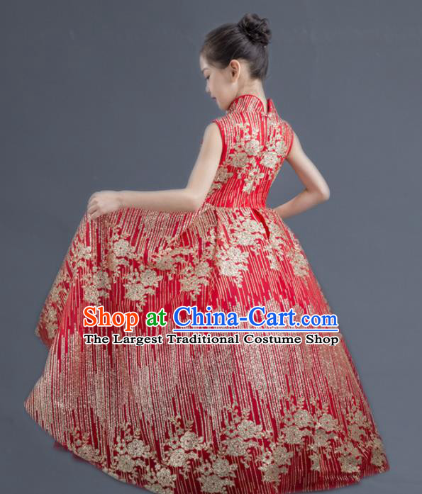 Top Grade Catwalks Court Princess Red Dress Compere Modern Fancywork Stage Show Dance Costume for Kids