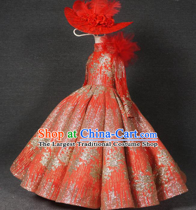 Top Grade Catwalks Court Princess Paillette Red Dress Compere Modern Fancywork Stage Show Dance Costume for Kids