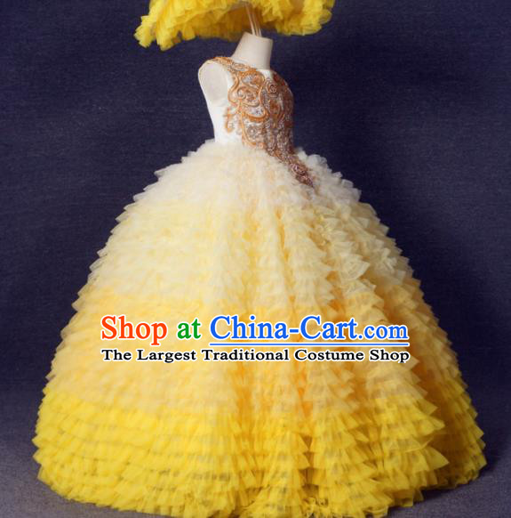 Top Grade Catwalks Court Princess Yellow Veil Dress Compere Modern Fancywork Stage Show Dance Costume for Kids