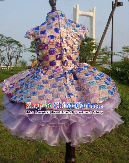 Chinese Stage Performance Full Dress Catwalks Purple Qipao Modern Fancywork Dance Costume for Kids