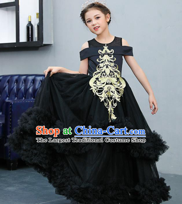 Top Grade Catwalks Court Princess Black Veil Dress Compere Modern Fancywork Stage Show Dance Costume for Kids