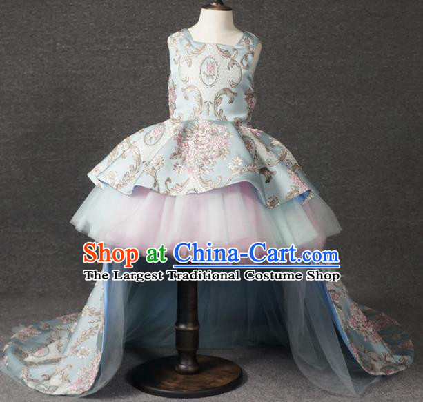 Top Grade Catwalks Court Princess Blue Trailing Dress Compere Modern Fancywork Stage Show Dance Costume for Kids