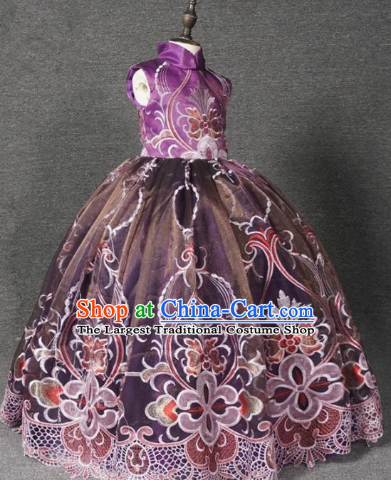 Chinese Stage Performance Purple Full Dress Catwalks Modern Fancywork Dance Costume for Kids