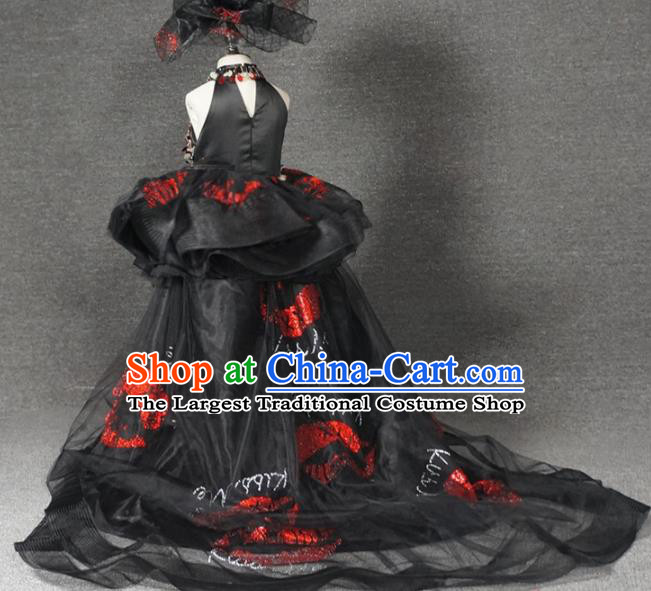 Top Grade Catwalks Stage Show Black Trailing Dress Modern Fancywork Compere Court Princess Dance Costume for Kids