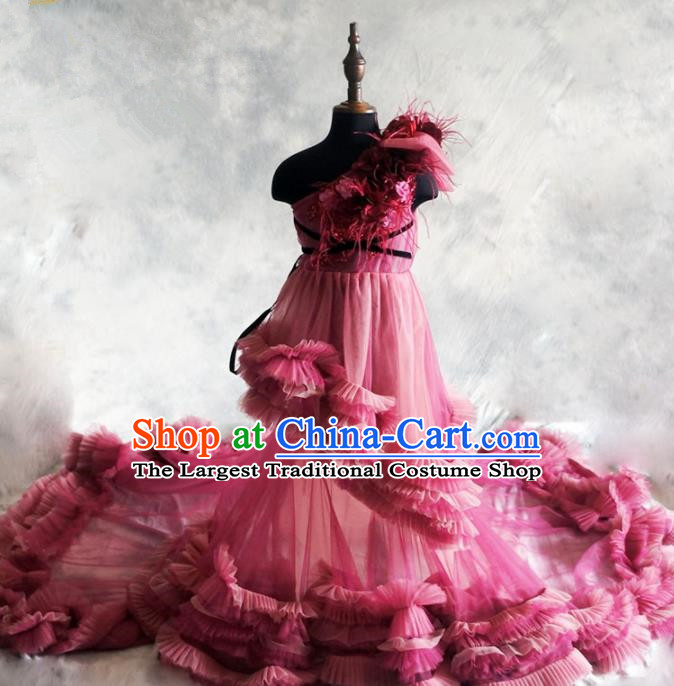 Top Grade Catwalks Stage Show Rosy Veil Trailing Dress Modern Fancywork Compere Court Princess Dance Costume for Kids