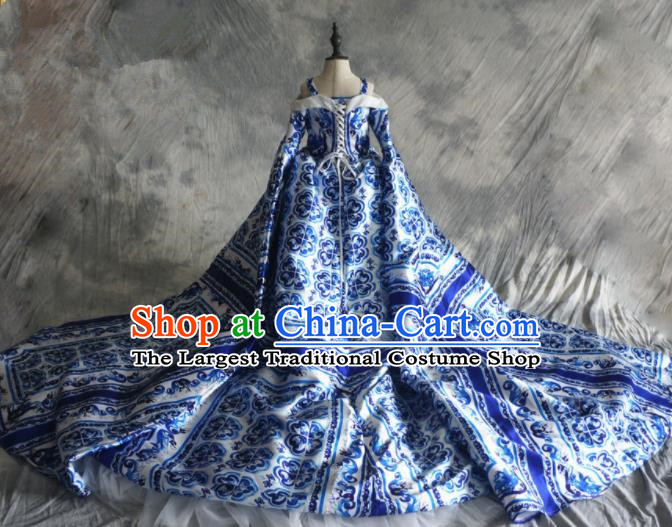 Chinese Stage Performance Court Trailing Full Dress Catwalks Modern Fancywork Dance Costume for Kids
