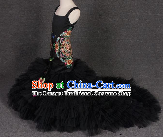 Top Grade Catwalks Stage Show Black Veil Trailing Dress Modern Fancywork Compere Court Princess Dance Costume for Kids