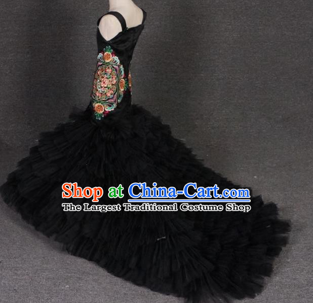 Top Grade Catwalks Stage Show Black Veil Trailing Dress Modern Fancywork Compere Court Princess Dance Costume for Kids