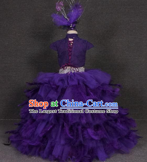 Top Grade Catwalks Stage Show Purple Feather Dress Modern Fancywork Compere Court Princess Dance Costume for Kids