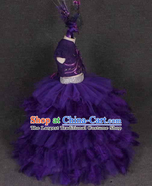 Top Grade Catwalks Stage Show Purple Feather Dress Modern Fancywork Compere Court Princess Dance Costume for Kids