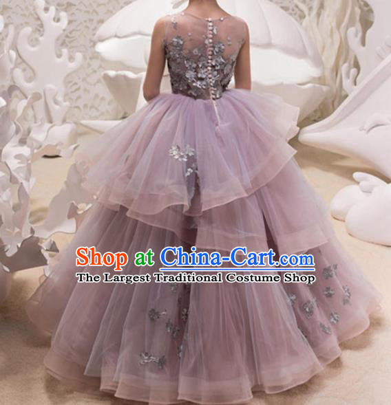 Top Grade Catwalks Stage Show Purple Veil Dress Modern Fancywork Compere Court Princess Dance Costume for Kids
