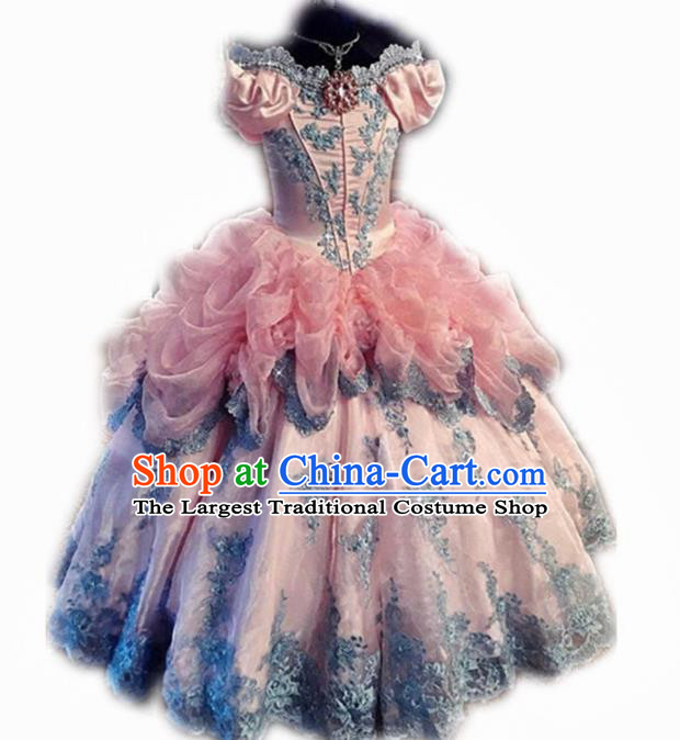 Top Grade Catwalks Stage Show Embroidered Pink Veil Dress Modern Fancywork Compere Court Princess Dance Costume for Kids