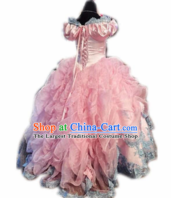Top Grade Catwalks Stage Show Embroidered Pink Veil Dress Modern Fancywork Compere Court Princess Dance Costume for Kids