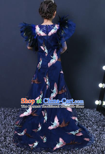 Chinese Stage Performance Embroidered Cranes Blue Full Dress Catwalks Modern Fancywork Dance Costume for Kids