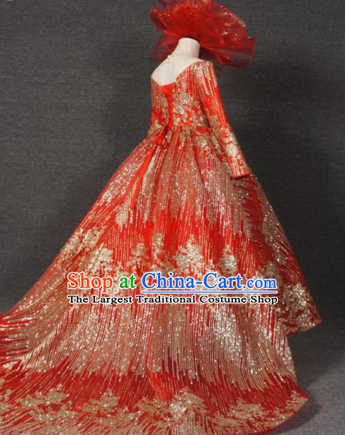 Top Grade Catwalks Court Princess Embroidered Red Dress Compere Modern Fancywork Stage Show Dance Costume for Kids