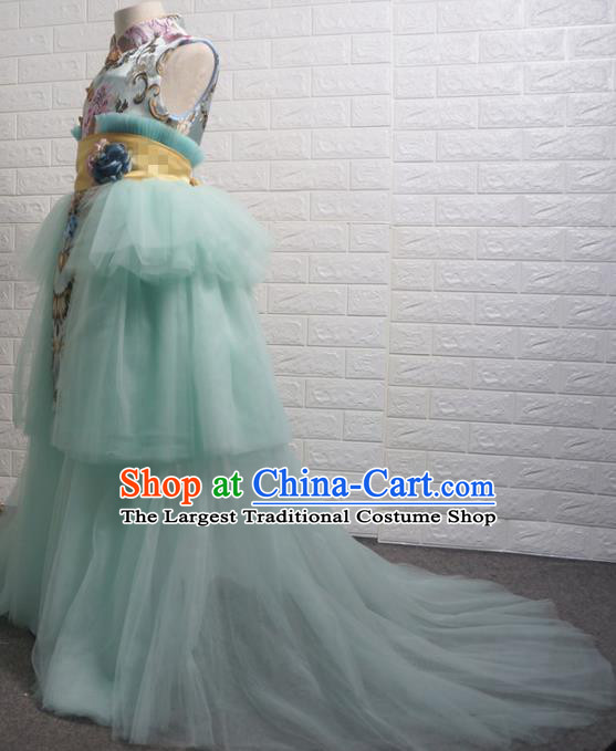 Top Grade Chinese Stage Show Costume Catwalks Green Qipao Full Dress for Kids