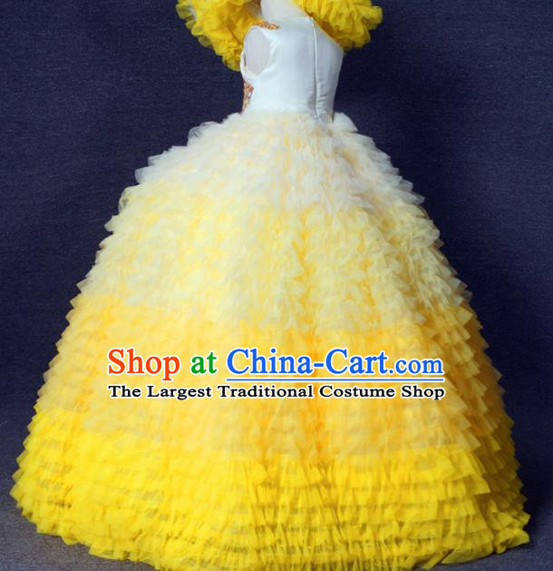 Top Grade Stage Show Costume Catwalks Princess Yellow Layered Full Dress for Kids
