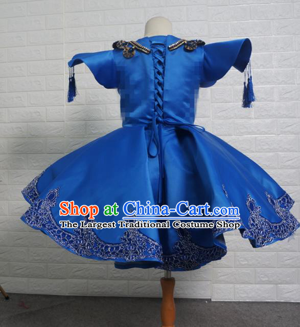 Top Grade Chinese Stage Show Costume Catwalks Dance Embroidered Peony Blue Full Dress for Kids