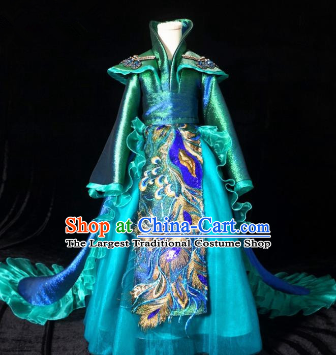 Top Grade Chinese Stage Show Costume Catwalks Dance Embroidered Green Trailing Full Dress for Kids