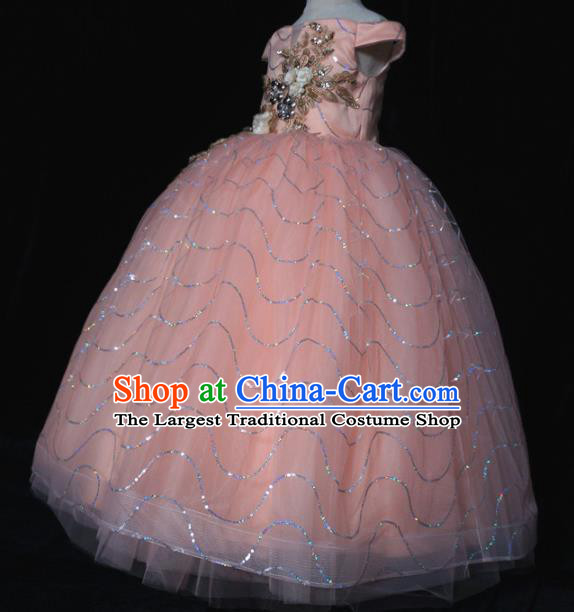 Top Grade Modern Fancywork Compere Pink Veil Dress Catwalks Court Princess Stage Show Dance Costume for Kids