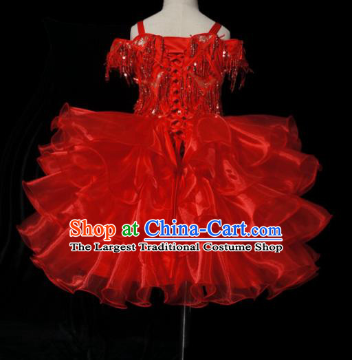 Top Grade Modern Fancywork Compere Red Bubble Dress Catwalks Court Princess Stage Show Dance Costume for Kids