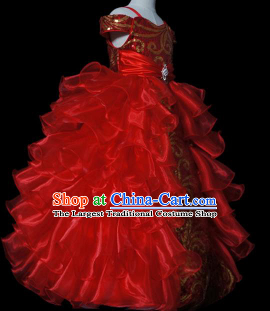Top Grade Modern Fancywork Compere Red Long Dress Catwalks Court Princess Stage Show Dance Costume for Kids