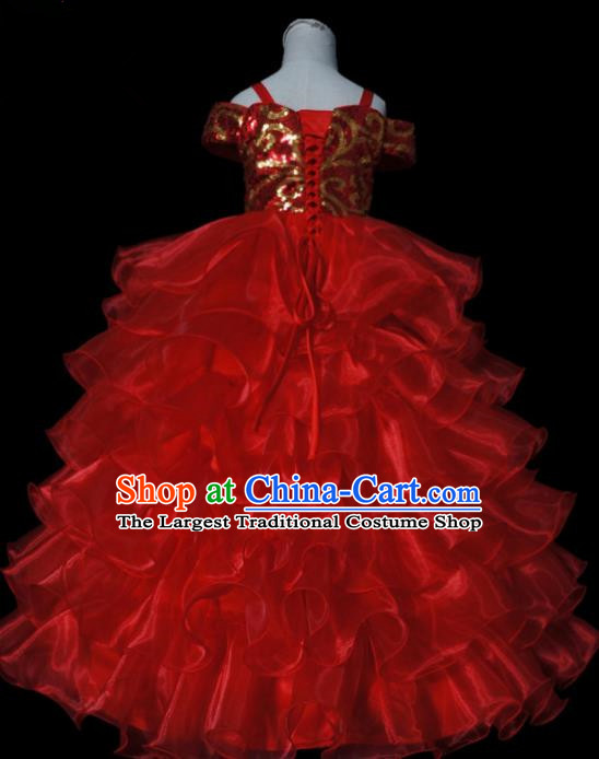 Top Grade Modern Fancywork Compere Red Long Dress Catwalks Court Princess Stage Show Dance Costume for Kids