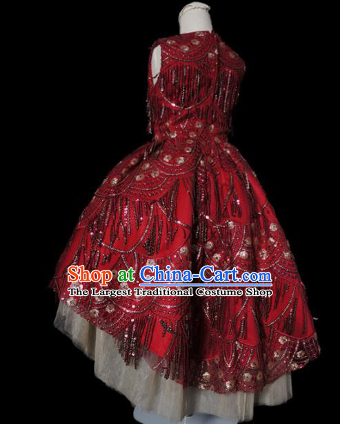 Top Grade Modern Fancywork Compere Red Paillette Dress Catwalks Court Princess Stage Show Dance Costume for Kids