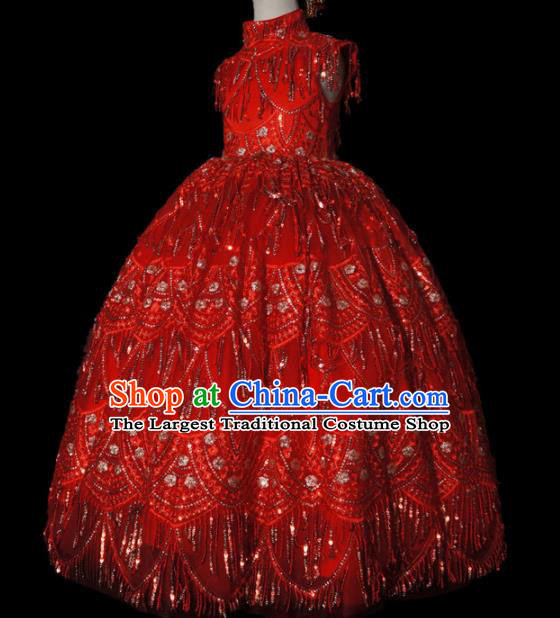 Top Grade Chinese Stage Show Costume Catwalks Dance Embroidered Red Full Dress for Kids
