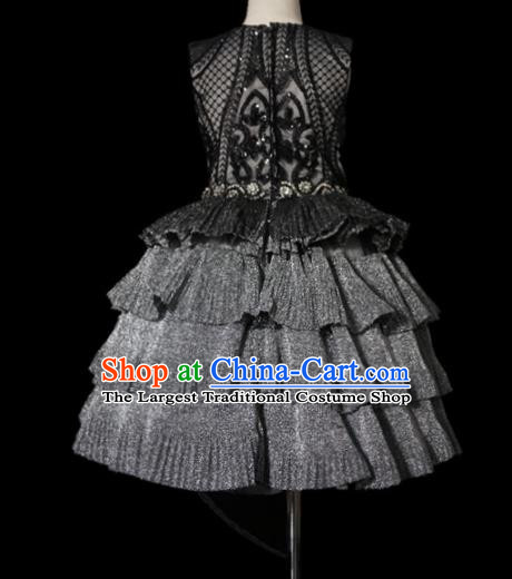 Top Grade Modern Fancywork Compere Grey Bubble Dress Catwalks Court Princess Stage Show Dance Costume for Kids