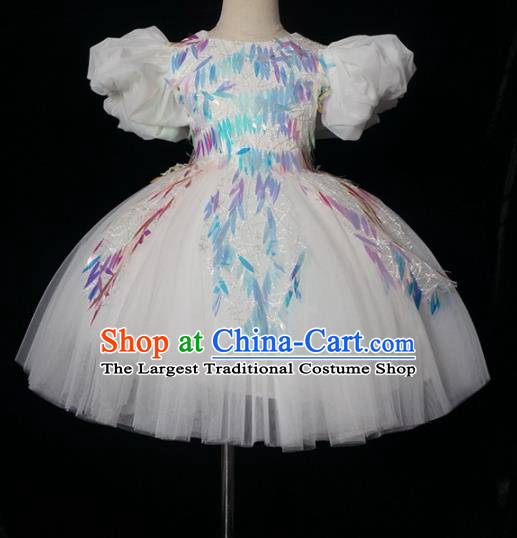 Top Grade Modern Fancywork Compere White Short Dress Catwalks Court Princess Stage Show Dance Costume for Kids