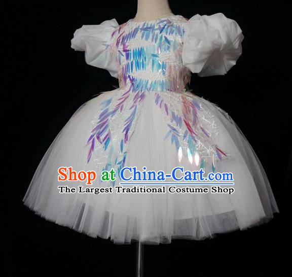 Top Grade Modern Fancywork Compere White Short Dress Catwalks Court Princess Stage Show Dance Costume for Kids