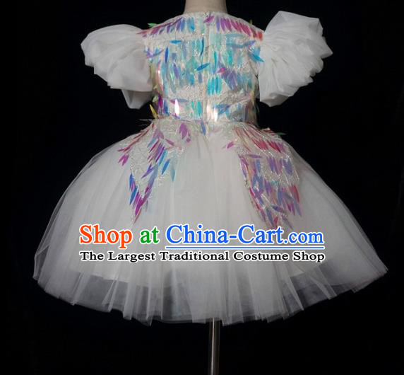 Top Grade Modern Fancywork Compere White Short Dress Catwalks Court Princess Stage Show Dance Costume for Kids