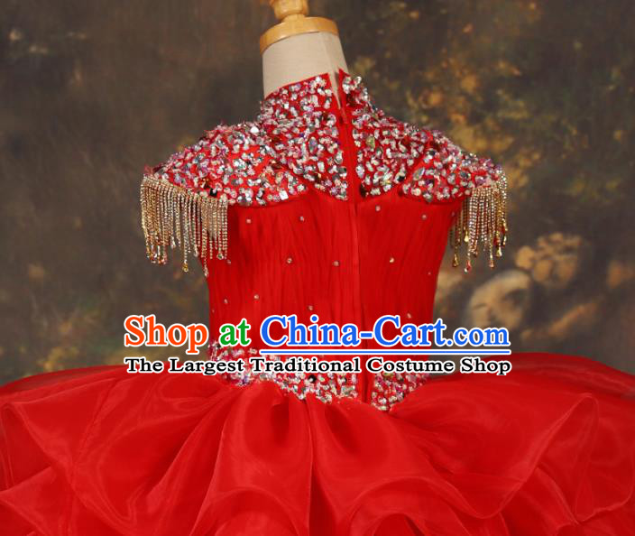 Chinese Stage Performance Crystal Red Full Dress Catwalks Modern Fancywork Dance Costume for Kids