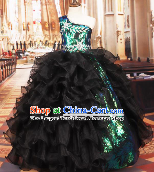 Professional Girls Compere Black Veil Paillette Full Dress Modern Fancywork Catwalks Stage Show Costume for Kids