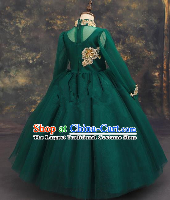 Professional Girls Compere Embroidered Deep Green Full Dress Modern Fancywork Catwalks Stage Show Costume for Kids